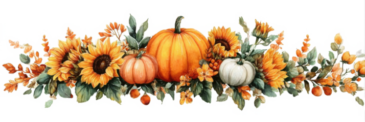 Autumn harvest arrangement with pumpkins and sunflowers watercolor illustration for seasonal designs isolated on white background
