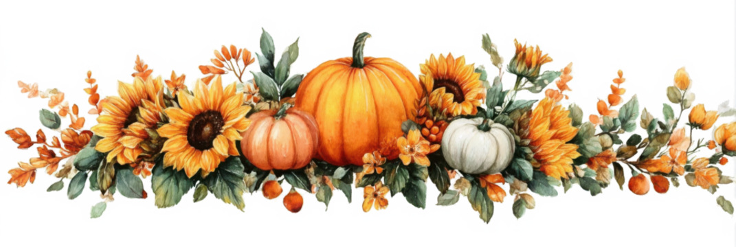 Autumn harvest arrangement with pumpkins and sunflowers watercolor illustration for seasonal designs isolated on white background