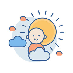 Stylized Child with Sun and Clouds Flat Illustration Design