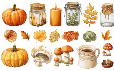 Watercolor autumn harvest set with pumpkins mushrooms and candles hand-drawn illustration for seasonal design isolated on white background