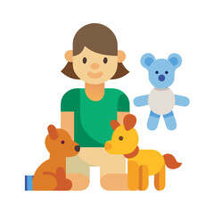 Flat illustration of child with stuffed animal toys
