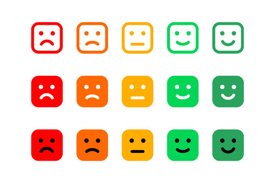 Satisfaction rating scale with color square faces. Customer feedback and emotion evaluation set. Survey results, quality rating, and performance measurement for business or service analysis. Vector