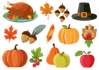 Thanksgiving vector illustration set with turkey pumpkins and autumn leaves flat design elements for seasonal celebration isolated on white background