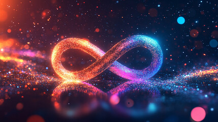 Glowing digital infinity symbol floating against a blurred colorful tech background symbolizing endless possibilities innovation and the boundless nature of digital transformation and connectivity
