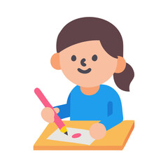 Illustration of a girl drawing with pink pencil on desk