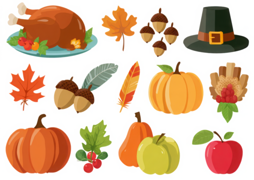 Thanksgiving vector illustration set with turkey pumpkins and autumn leaves flat design elements for seasonal celebration isolated on white background