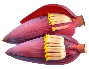 Two vibrant red banana blossoms, displaying intricate details of the inner floral structure