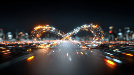 Glowing digital infinity symbol floating against a blurred colorful tech background symbolizing endless possibilities innovation and the boundless nature of digital transformation and connectivity