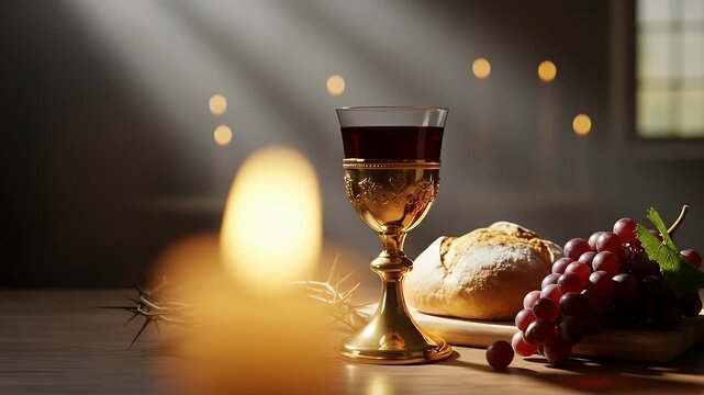 Communion Scene With Golden Chalice Bread Grapes And Crown Of Thorns Illuminated By Dramatic Sunlight Rays And Soft Candlelight In A Dark Room