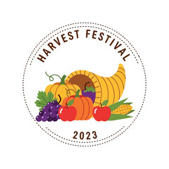 Cornucopia harvest festival thanksgiving autumn celebration seasonal abundance 2023 stamp vector
