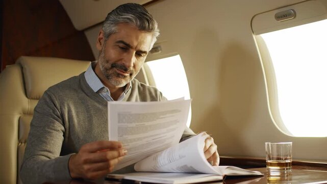 Mature businessman reviewing documents on a private jet with a drink, luxury travel, and high-end business. Mature man reading business papers.