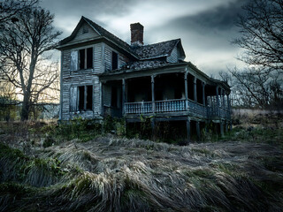 Extremely Dilapidated Haunted House with Long Wrap-Around Porch and Overgrown Grass Under a Stormy Sky