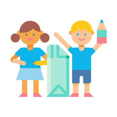 Children holding paper and pencil illustration, education concept