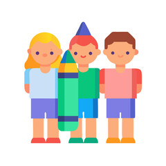 Colorful cartoon children standing with crayon on black background