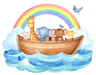Watercolor Noah’s Ark Floating on Gentle Waves, Surrounded by Smiling Animals and Rainbow, Kids Story Theme, Isolated