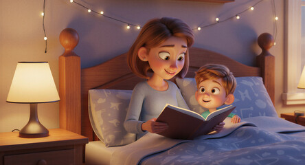 Mother Reading Bedtime Story to Her Son in Warm Cozy Bedroom, Gentle Parenting and Family Support