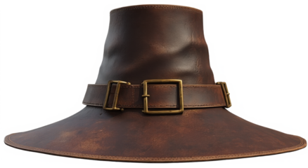 Brown leather pilgrim hat with buckle vintage style headwear for historical reenactment isolated on white