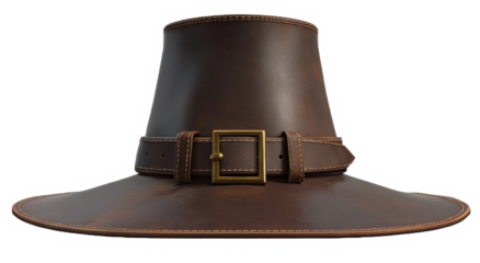 Brown leather pilgrim hat with buckle vintage style headwear for historical reenactments isolated on white