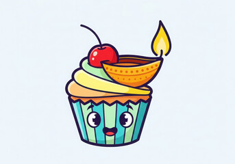 Cute cartoon cupcake with a lit diya oil lamp and cherry on top celebrating diwali