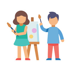 Flat illustration of children painting on an easel