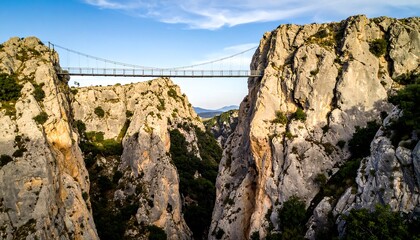 Stunning suspension bridge connects dramatic cliffs over deep gorge offering breathtaking views for adventurous travelers and scenic tourism campaigns