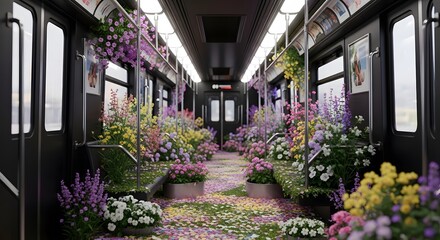 Subway car transformed into a garden with flowers and plants