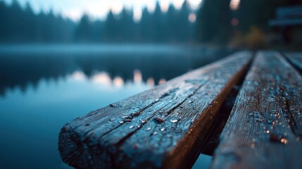 Seasonal Tranquility Theme: Wooden pier extending over reflective lake in misty forest  
