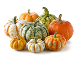 Fototapeta premium Group of colorful ornamental pumpkins gourds and squashes perfect for autumn harvest festivals and Thanksgiving decorations isolated on white