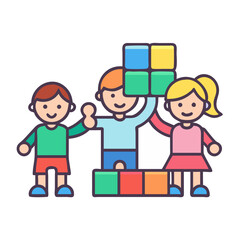 Three children playing and building colorful blocks collaboratively together