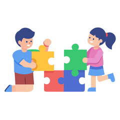 Obraz premium Children collaborate assembling colorful jigsaw puzzle, teamwork and cooperation
