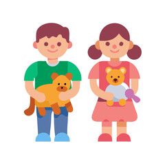 Boy and girl with favorite toys on black background