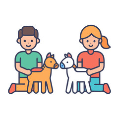 Flat illustration of children playing with toy horses