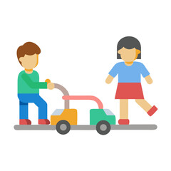 Children playing with toy train: simple cartoon flat illustration