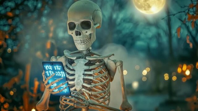 Halloween Skeleton Reading Glowing smartphone in Spooky Forest Under Full Moon Creates Eerie Haunting Atmosphere