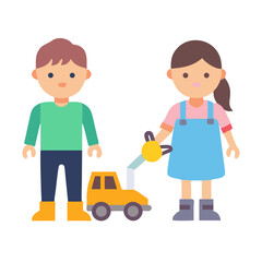 Flat illustration of children playing with toy excavator