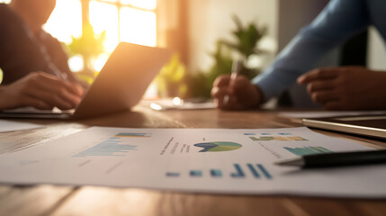 Analyzing Financial Data. Team reviewing charts, graphs, and reports with a laptop and tablet for strategic planning and investment decisions.