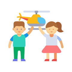 Children raising a toy helicopter on a black background