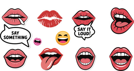 Pop Art Lips Vector Stickers Set – Cartoon Mouth Expressions, Kiss Marks, Open Mouth, Tongue Out, Speech Bubble, Emoji Style Isolated on White Background