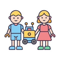 Children with robot friend illustration on black background