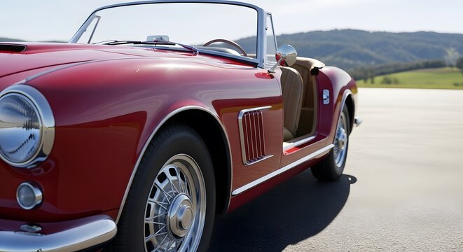 A red vintage car is parked on a road with mountains in the background