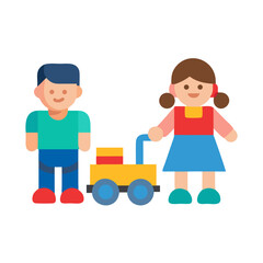 Cartoon boy and girl playing with toy wagon flat