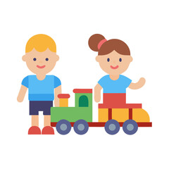 Stylized cartoon boy girl with toy train illustration