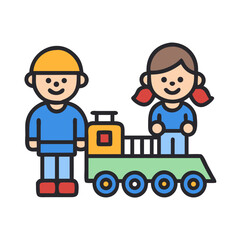 Two children and a toy train cartoon illustration