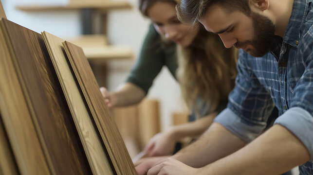 Couple selecting wood samples. The natural light reflects off the different wood grains as the couple carefully considers each one for their project. - Powered by Adobe