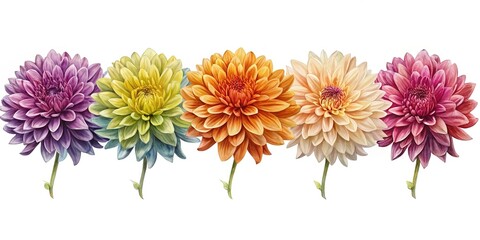 Colorful Row of Dahlias Illustrating a Variety of Hues on a White Background