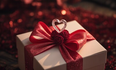 A pristine box adorned with a red ribbon, rose accents, and a clear heart, on a shimmering surface