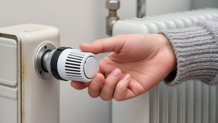 Close-up of hand adjusting thermostatic valve on white radiator. Person in gray sweater regulates heat, symbolizing home comfort, energy saving, and winter warmth