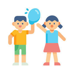 Children joyfully playing with water balloon, fun flat design