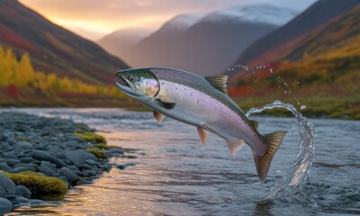 A salmon leaps from a river, water splashing, against an autumn mountain backdrop at dawn