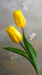 Two vibrant yellow tulips against a textured background